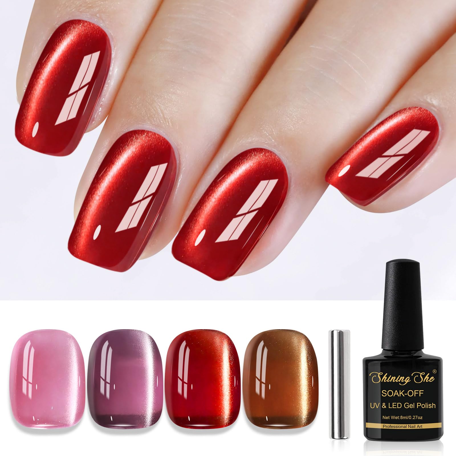 Shining She Esmalte Semipermanente de Uñas en Gel UV LED,4 Colores Rosa Rojo Morado Marrón Jelly Ojo de Gato Cat Eye Gel Polish Set,Pintauñas Semipermanentes para Manicura Francesa,8ML