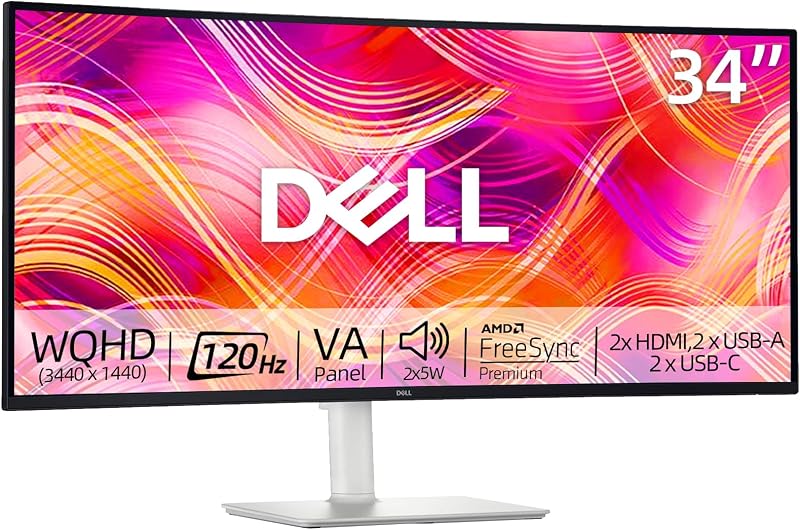 Monitor curvo UltraWide QHD de 34", 120 Hz, panel VA, AMD FreeSync Premium, pantalla LED, sRGB 99 %, 3000:1, antirreflejo, VESA, 2 parlantes integrados de 5 W, HDMI/USB-C&A, altura/inclinación ajustable, blanco