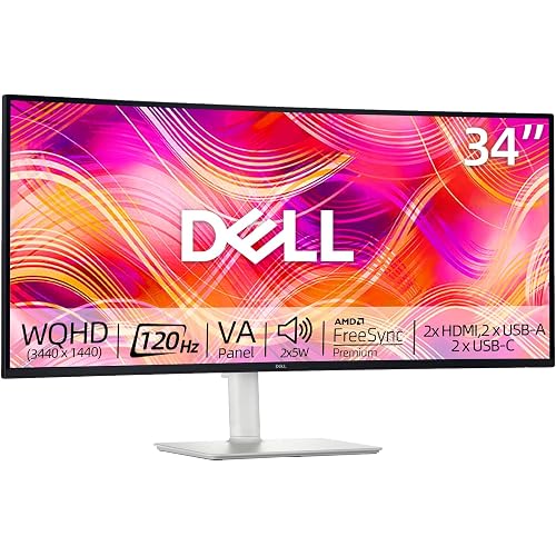Dell 34" UltraWide QHD Curved Monitor, 120Hz, VA Panel, AMD FreeSync Premium, LED Display, sRGB 99%, 3000:1, Anti-Glare, VESA, Integrated 2 x 5W Speakers, HDMI/USB-C&A, Height/Tilt Adjustable, White