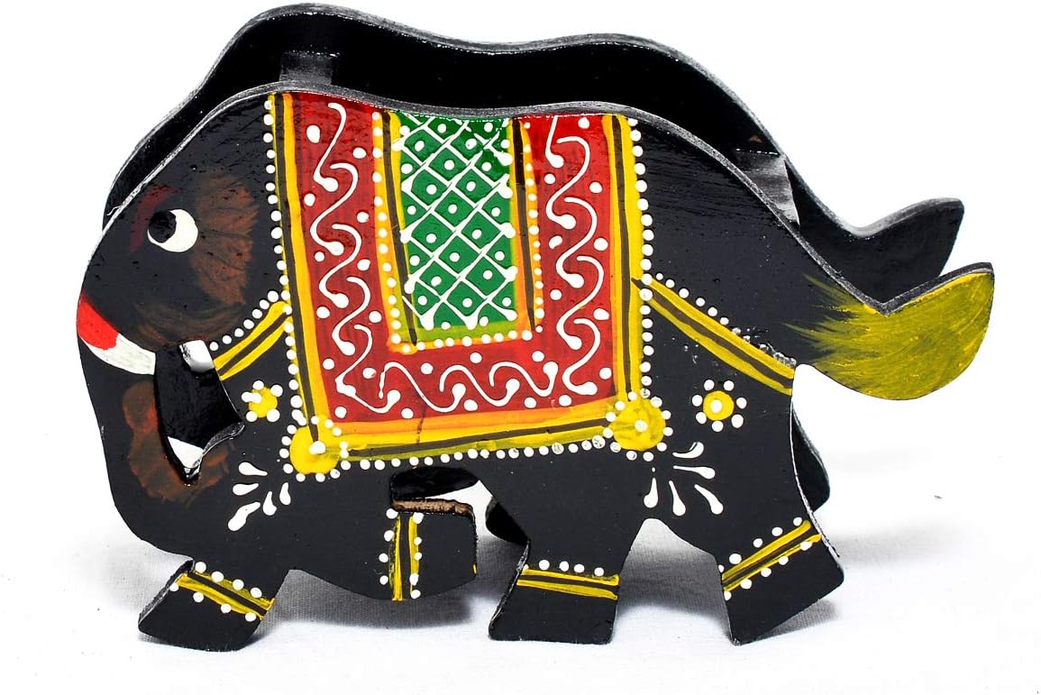 Indian Hand Crafted Wooden Painted Elephant Mobile Stand Desk Organizer Home Decor