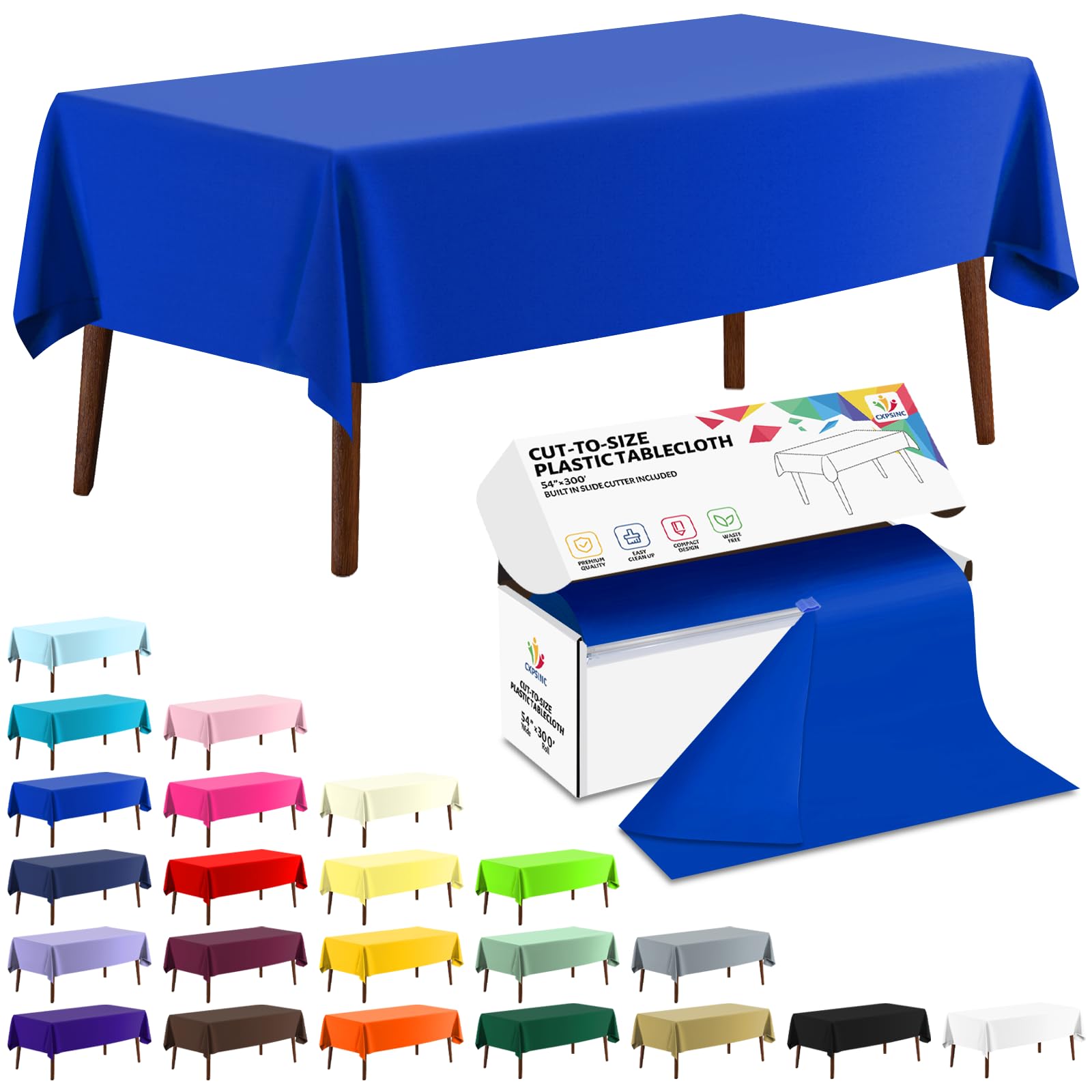 CXPSINC 54 Inch X 300 Feet Plastic Table Cover Roll Disposable Tablecloth with Slide Cutter for All Type/Shape Tables | Party, Banquet, Birthdays, Weddings(Blue, 300 Feet) โ image 1