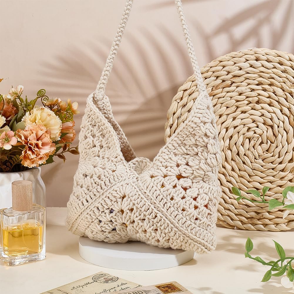 ACRNIGHEET Crochet Kit for Beginners Crochet Purse Bag for Women DIY Tote Bag Making Kit with Step-by-Step Tutorials Hobbies Project for Starter DIY Crafts Supplies for Adults Boho Gift Idea (Beige)