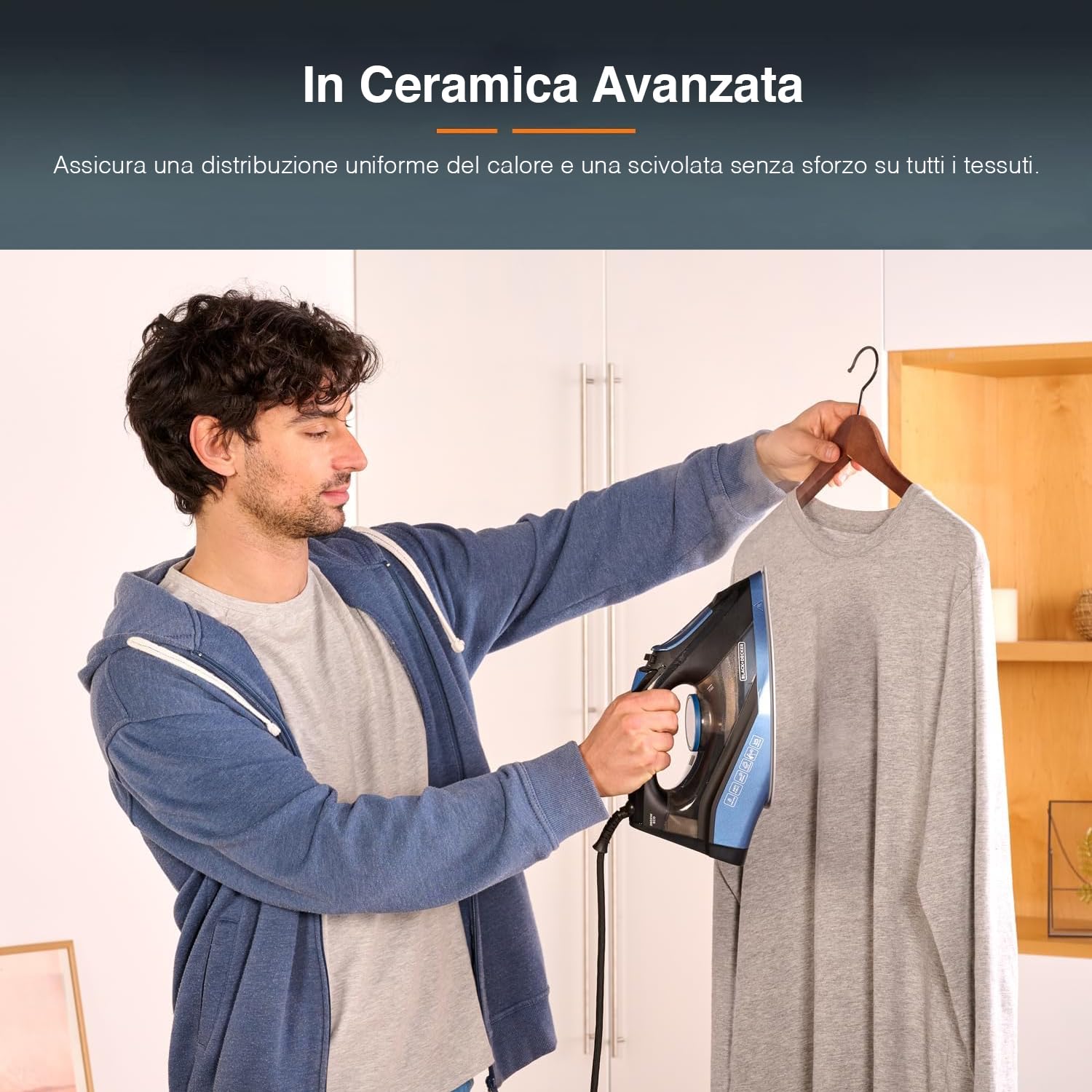 Ferro da Stiro con Piastra Ceramica e Colpo Vapore - con Flusso Costante e Funzioni Autopulente/Anticalcare, 370ml, 31x12x15cm, 2800W, Nero e Blu