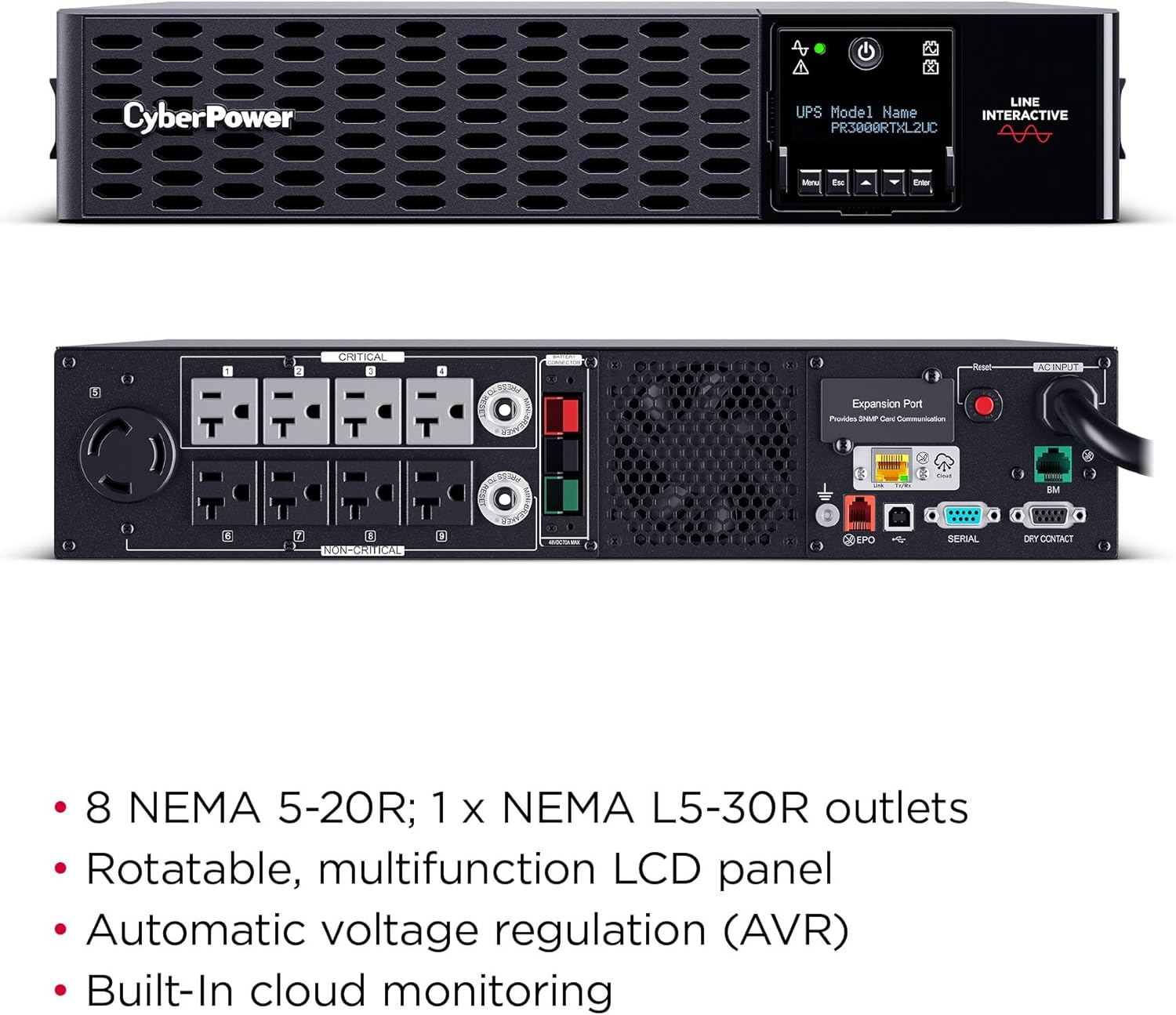 CyberPower PR3000RTXL2UC Smart App Sinewave UPS Battery Backup and Surge Protector, 3000VA/3000W, 9 Outlets, 2U Rack/Tower, Built-in Cloud Monitoring, EBM Option, UL Certified