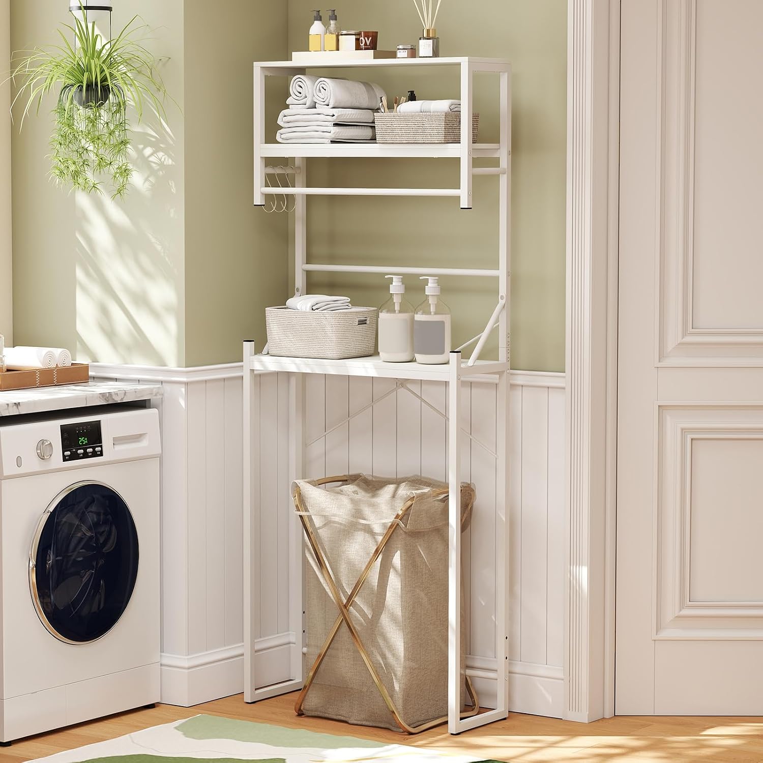 Giantex 3-Tier Over the Toilet Storage Shlelf, Freestanding Space Saver Bathroom Shelves AboveToilet with Towels Bar, 3 Hooks, Metal Over Toilet Bathroom Organizer for Laundry, White