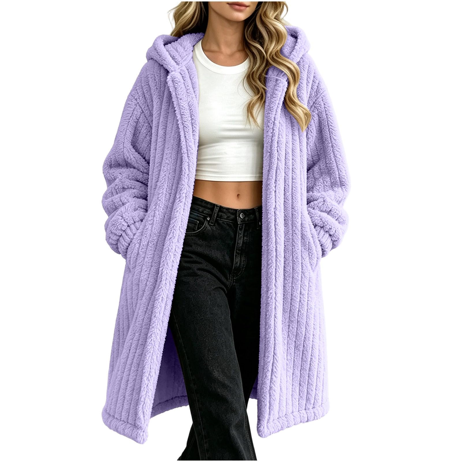 Teddy Mantel Damen Lang Fleecejacke Mit Kapuze Wintermantel Flauschig