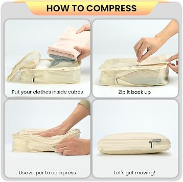 Compression Packing Cubes for Travel, 7 Pcs Travel Essentials Suitcase Organizer Bags Set for 20-22 Inch Carryon Luggage, Compression Bags with Shoe & Electronic Bag, 2-Beige, For 26
