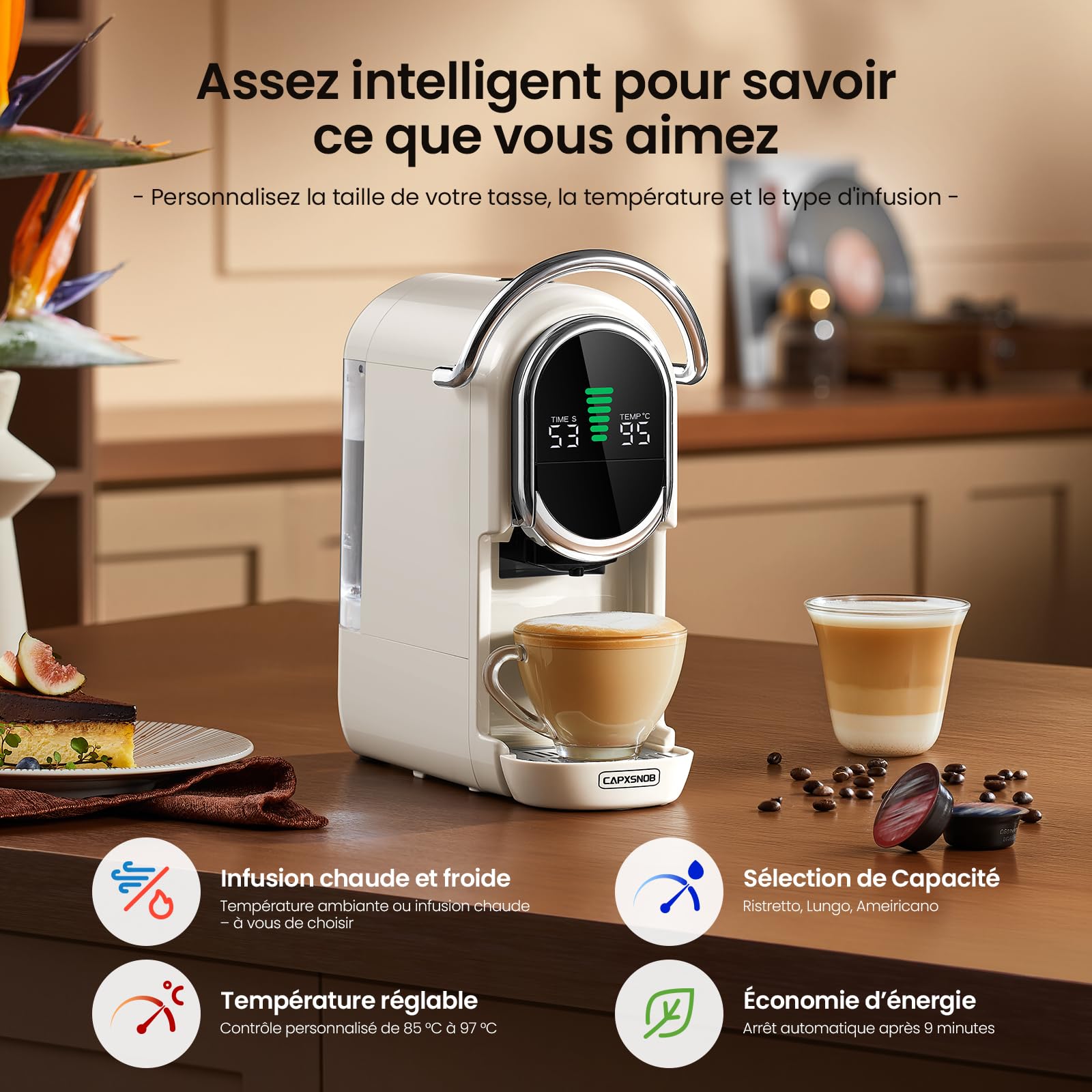 Magician1 Machine à café Capsules pour Nespresso, Dolce Gusto, Lavazza A Modo Mio, Dosettes ESE 44mm et Café Moulu, Température et Taille Tasse Réglable, 20Bar, Cafetière Chaud ou Froid (Blanc)