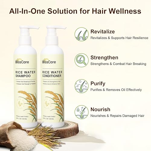 Miniatura 4 de Set de champú y acondicionador de agua de arroz, fortalece y revitaliza el cabello, nutre el cabello dañado para mujeres y hombres, cuidado del