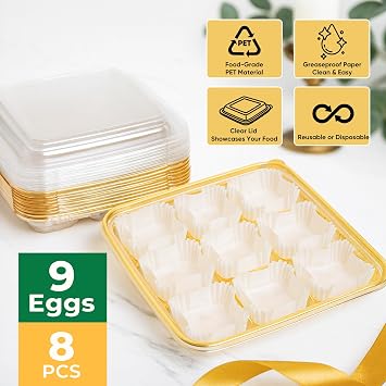 77L 72 Eggs Clear Deviled Egg Tray with Lid Gold Plastic Party Serving Tray with Greaseproof Paper for Deviled Eggs, Sushi & Desserts