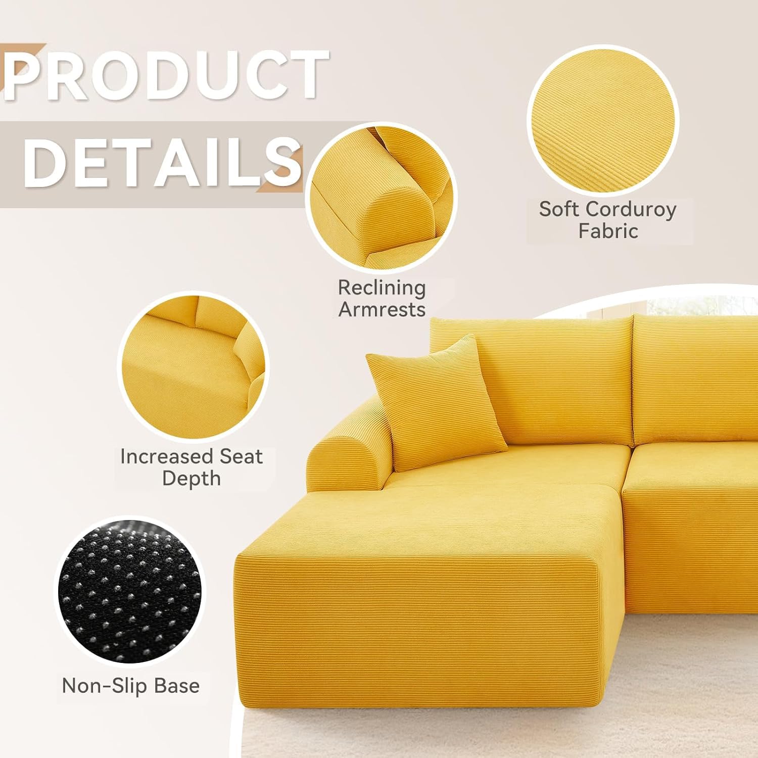 Modular Sectional Sofa with Chaise, Cloud Sectional Couch with Deep Seat, Modular L-Shape Sofa Corduroy Boneless Couch for Living Room,Bedroom,No Assembly Required(Yellow, Left Facing Chaise)