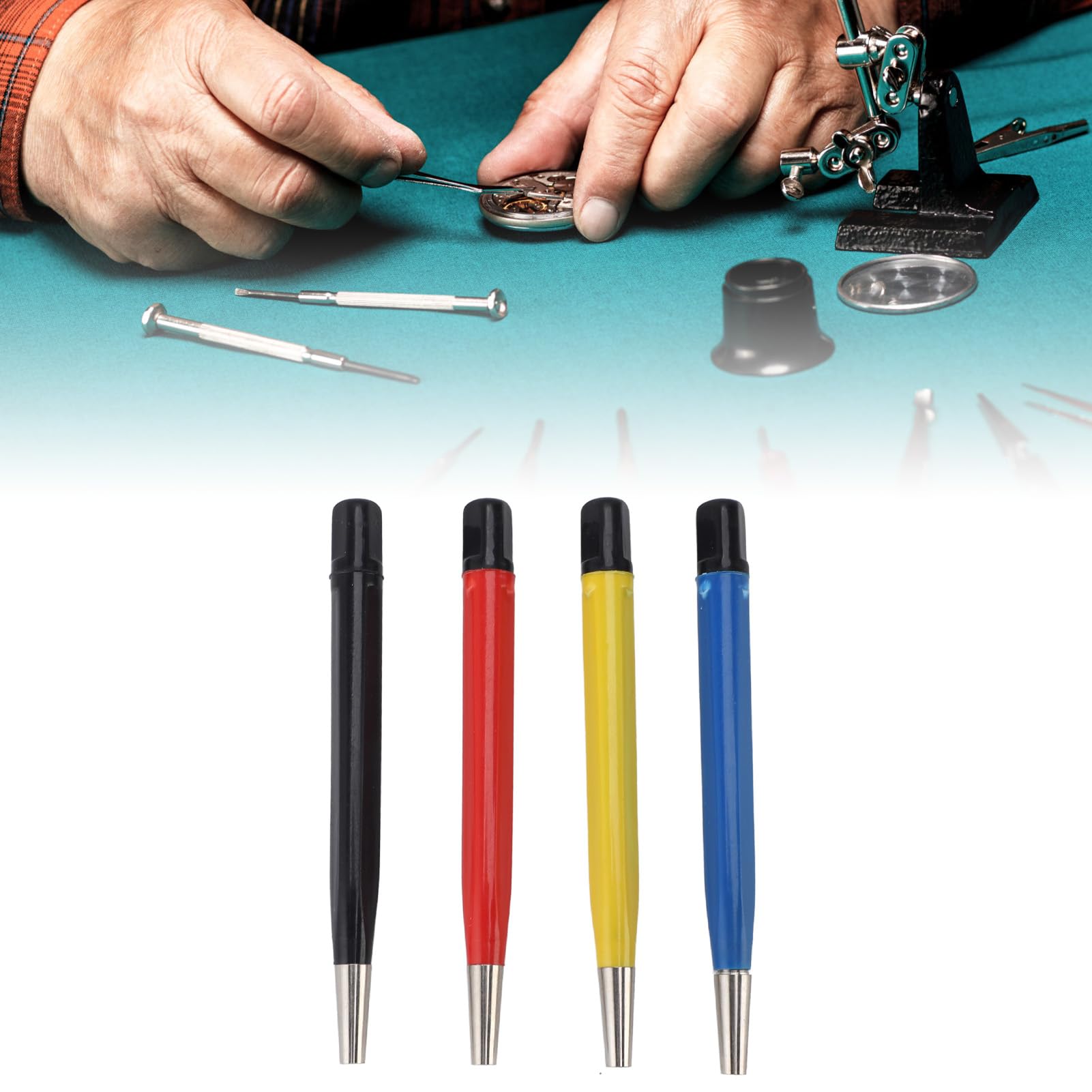 Kikumi 4-teiliges Kratzbürsten-Stift-Set, Vorbereitungs-Schleifbürste Im Stiftstil mit Verstellbaren Spitzen aus Stahl, Messing, Fiberglas und Nylon für die Reinigung von Schmuck, Uhren, Münzen
