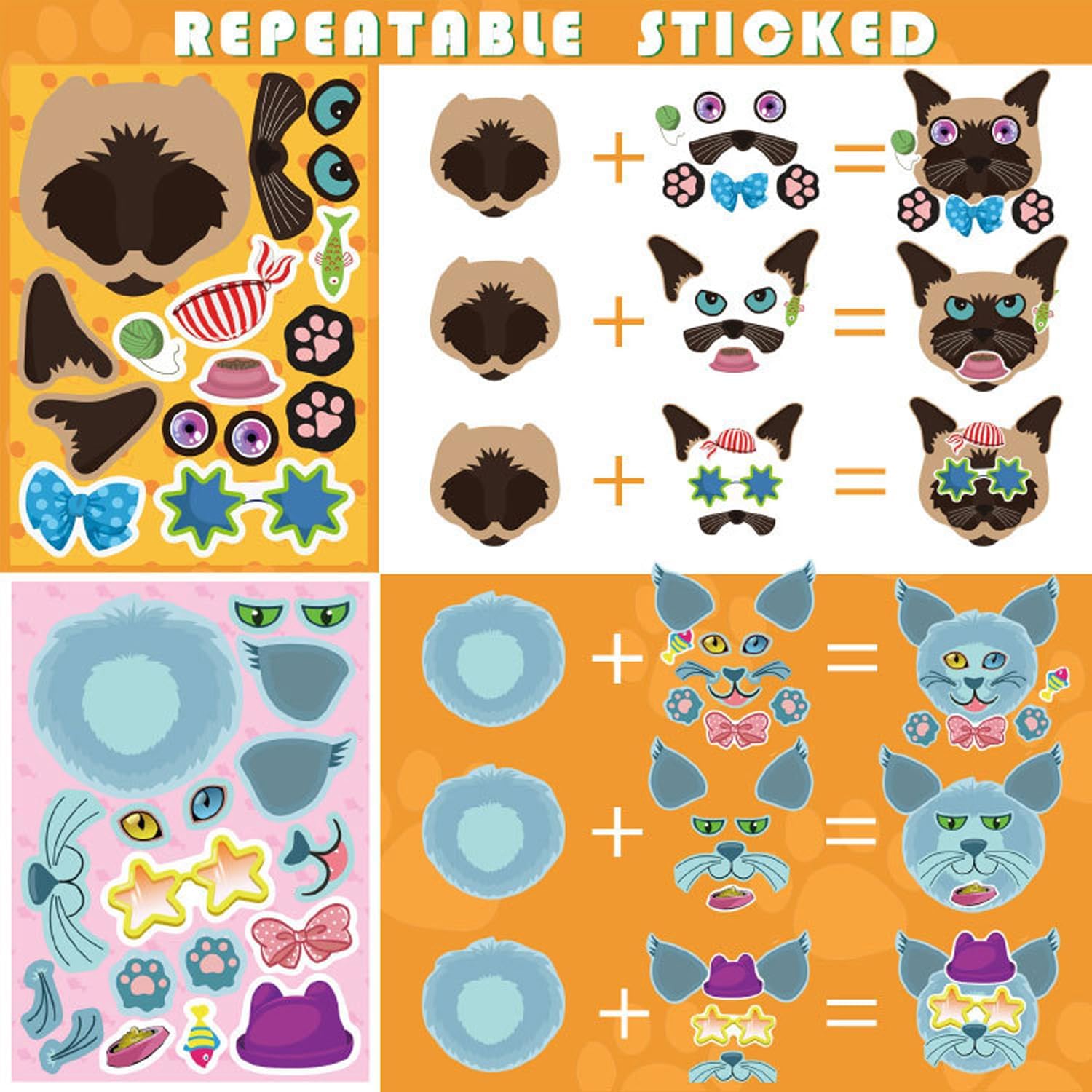 24 Sheets Cat Stickers for Kids, Make Your Own Animal Stickers for Kids, DIY Craft Gift for Birthday Party Favor Supplies