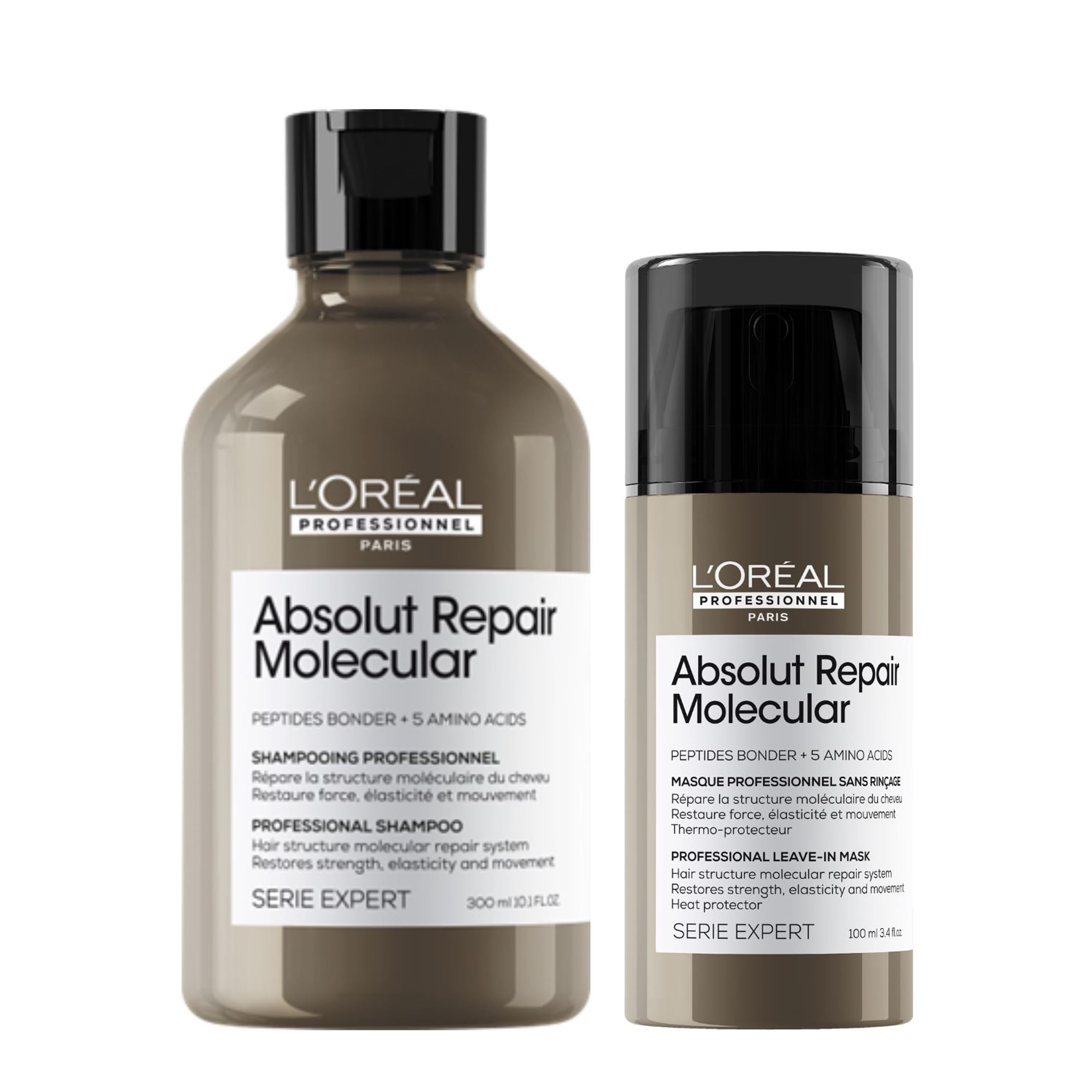 L'Oréal Professionnel Pflegeduo für strukturgeschädigtes Haar, Zur molekularen Tiefenreparatur, Mit Peptidbondern und Aminosäuren, Serie Expert, Absolut Repair Molecular Shampoo & Leave-in