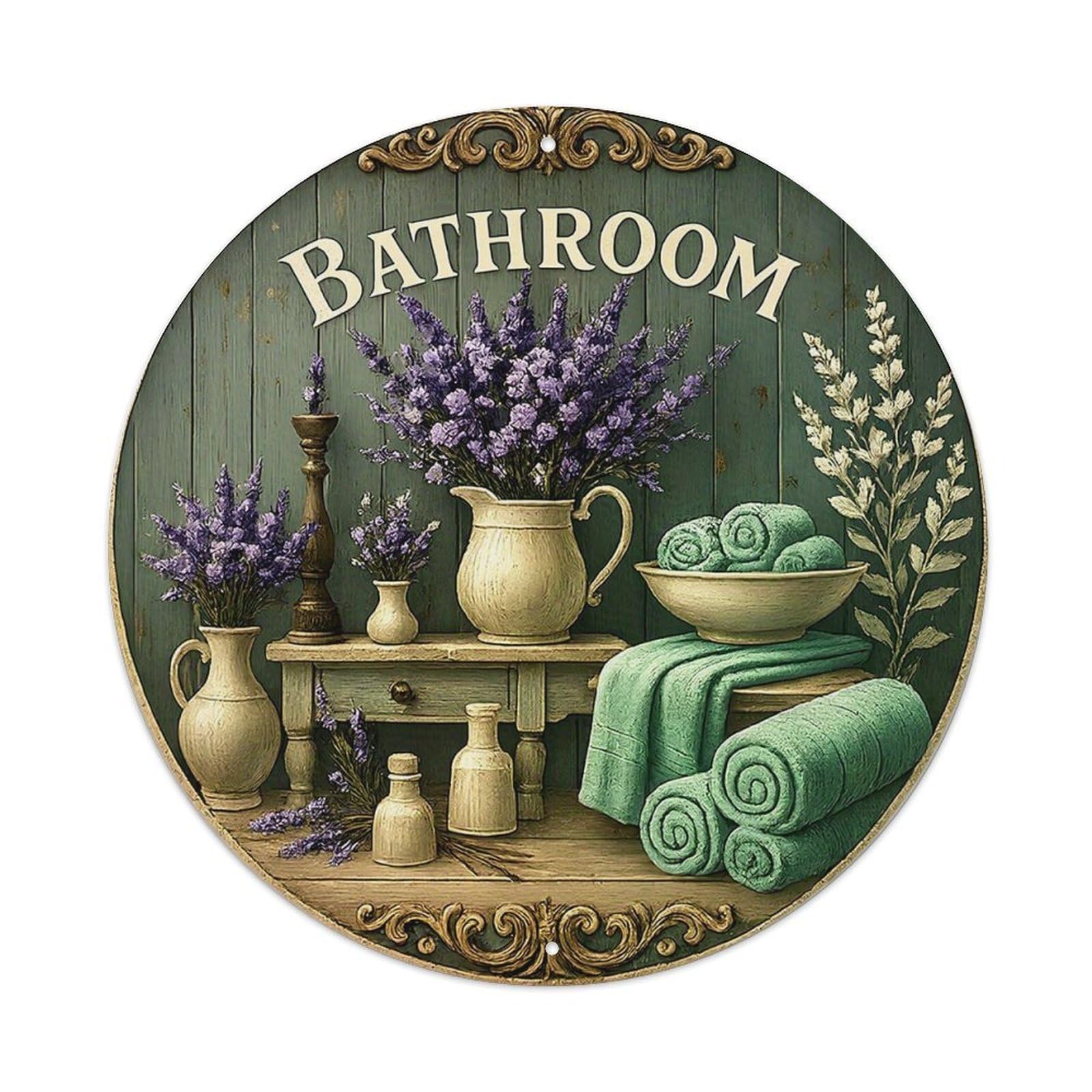 Lavender Flowers And Green Towels Tin Sign Metal Poster Vintage Metal Signs for Home Man Cave Bar Cafe Kitchen laundry room Wall Decorations 8x8 inches