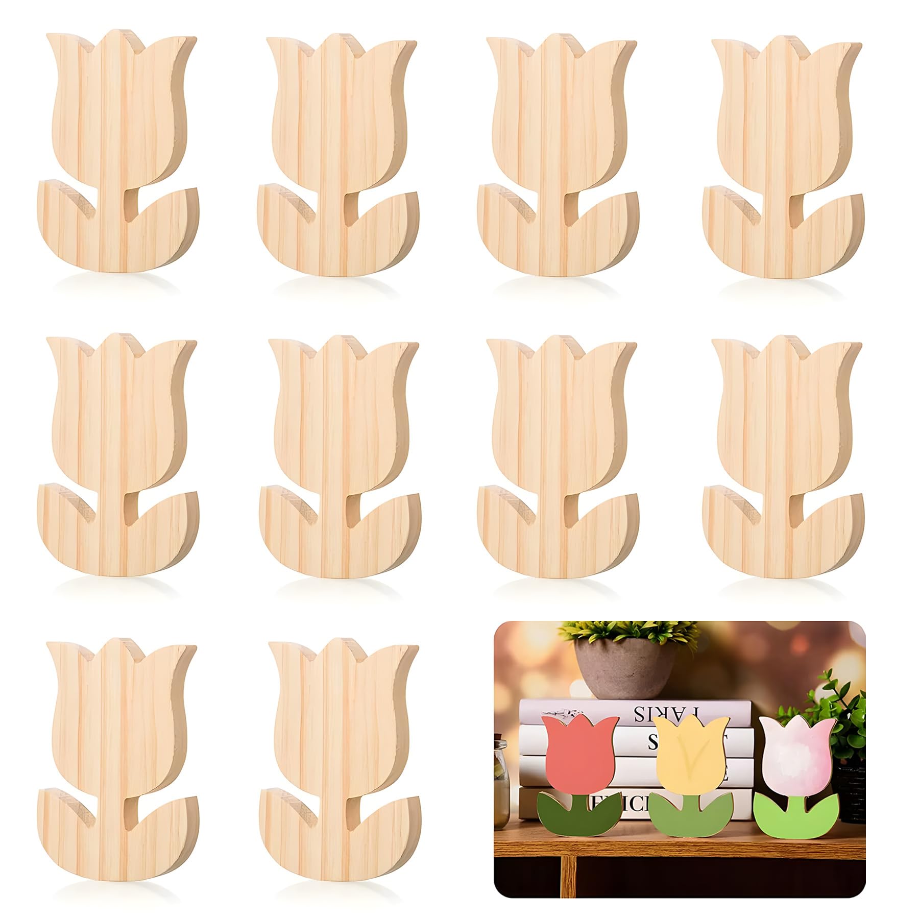 Photo 1 of 10 Pack 4 Inch Tulip Wooden Cutouts 1.5cm Thick Unfinished Standing Wood Decor Boards for DIY Painting Craft Home Decoration