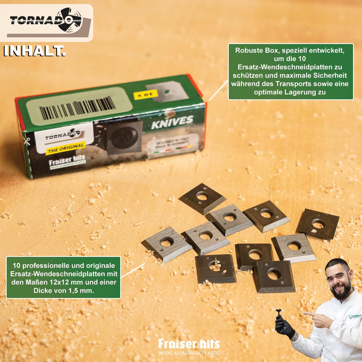Fraiser Hartmetall-Wendeplatten (HM/Widia) für Planfräser Tornado - 10 Stück (12x12 mm)