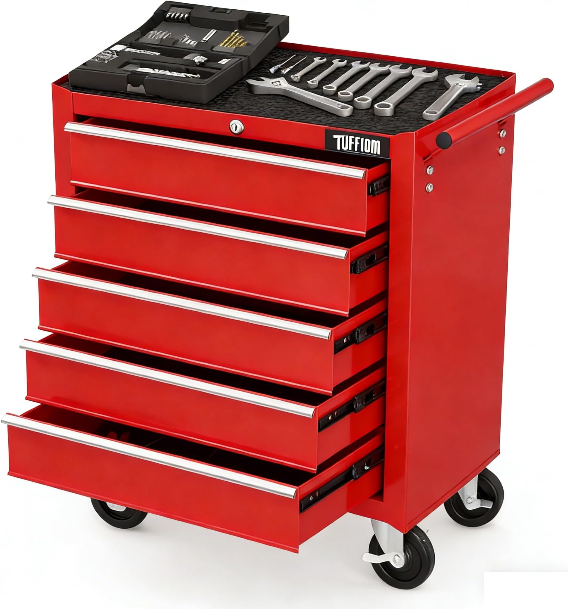 5-Drawer Rolling Tool Chest w/Lock & Key, Tool Storage Cabinet with Wheels, Top Cushion & Drawer Liners, Tool Organizer Box for Garage, Warehouse & Repair Shop, Red