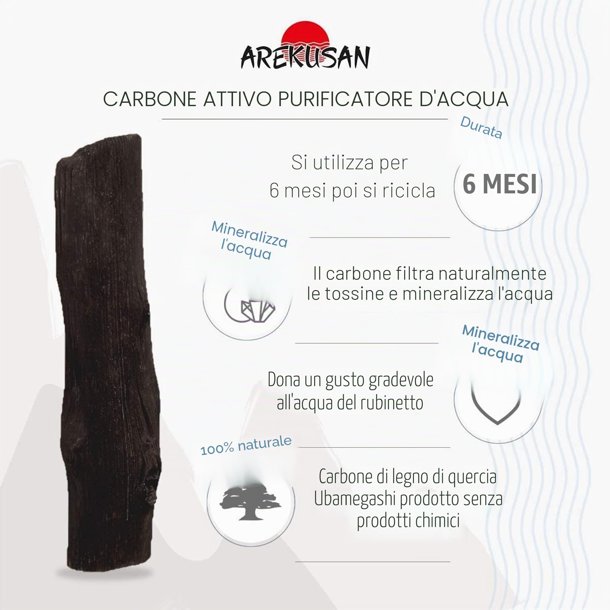 X3 Kishu Binchotan Carbone Attivo di Quercia Giapponese Filtro Acqua del Rubinetto per Caraffa Bottiglia Alternativa Bottiglie Plastiche Zero Differenziato Regalo Ecologico Purificatore Naturale Bio