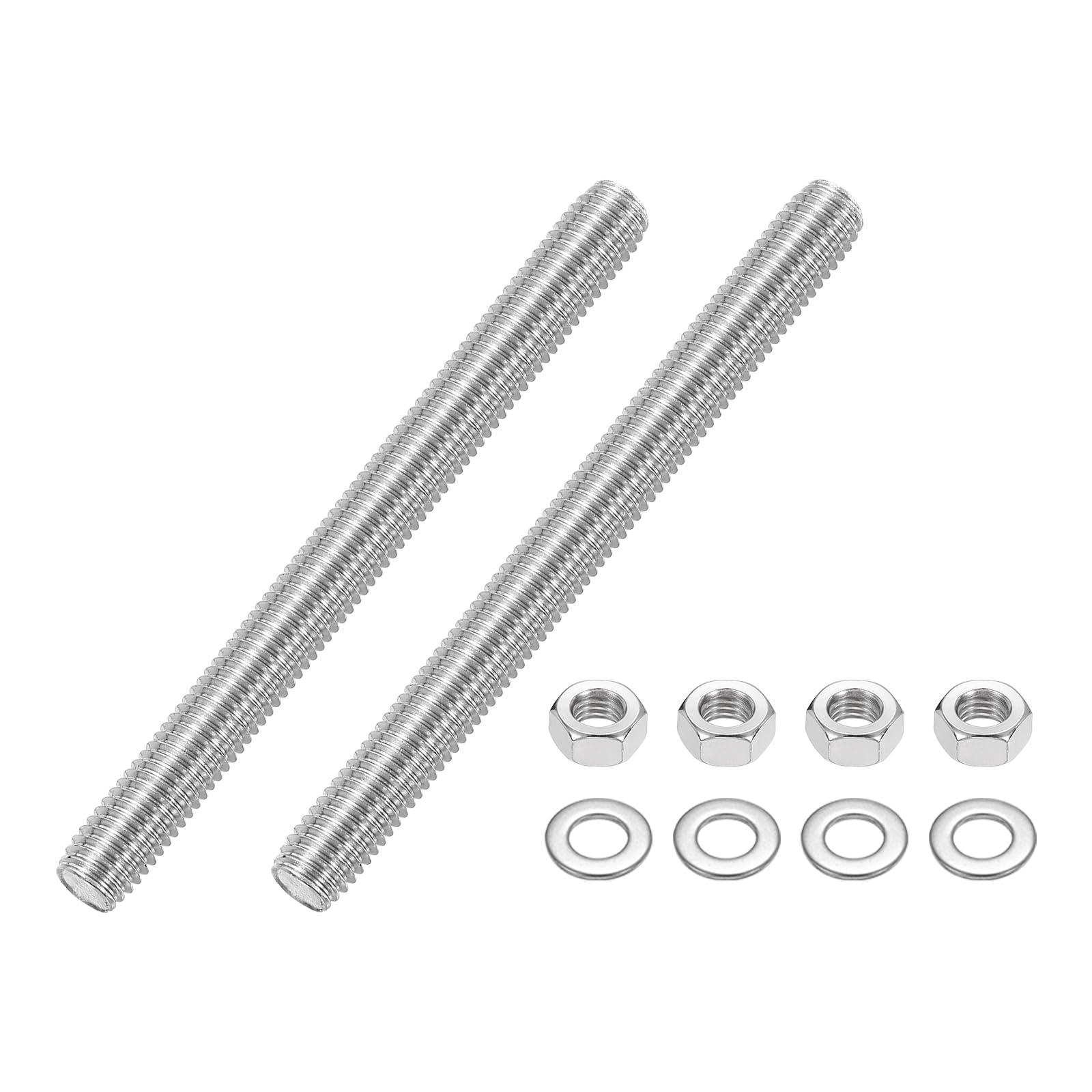 uxcell 2pcs Fully Threaded Rod, M10 x 110mm Stainless Steel Right Hand Threads Rods with Nuts and Flat Washer Fully Studding Rod Bar for Clamps, Hangers and U-Bolts