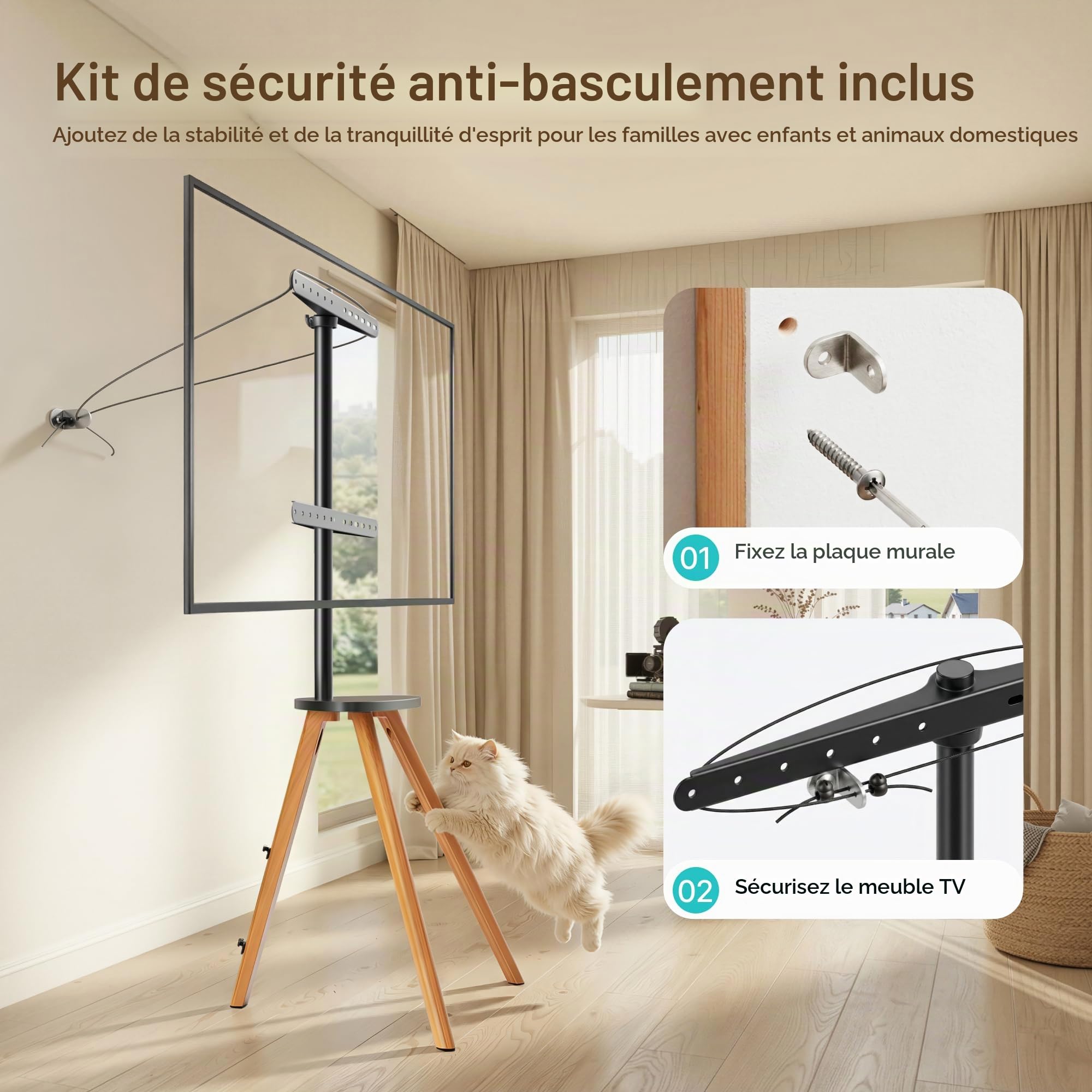 PEGZONE Support TV sur Pied pour Écrans 45 à 65 Pouces, 40 kg | Trépied TV en Bois avec Tablette, Hauteur Réglable, Pivotant, VESA Max 600 × 400 mm, pour la Maison
