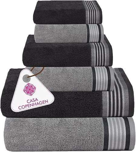 Casa Copenhagen, 550 g/m², 2 große Badetücher, 2 große Handtücher, 2 Waschlappen, superweiche ägyptische Baumwolle, 6-teiliges Handtuch-Set für Bad, Küche und Dusche - Mirage GRAU + Granit GRAU
