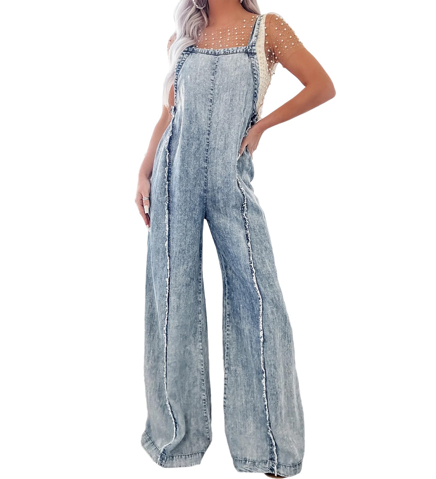 Salopette da Donna Ampia in Denim Vintage Invecchiato Tuta Casual Ampia con giunture grezze Jeans a Gamba Larga Pagliaccetti Lunghi
