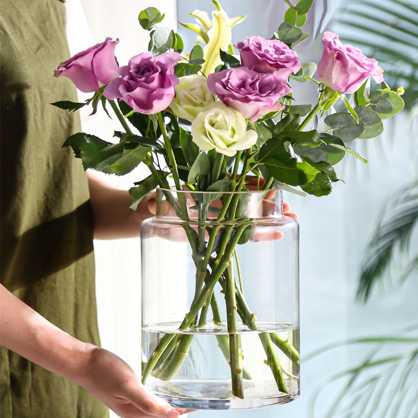Bloemen vaas glas, helder glas vaase, 20CM hoog glazen vaas-e voor tafel decoratie, decoratieve vaas-e voor pampas gras, tulpen, orchideeën, rozen, gedroogde bloemen (amber