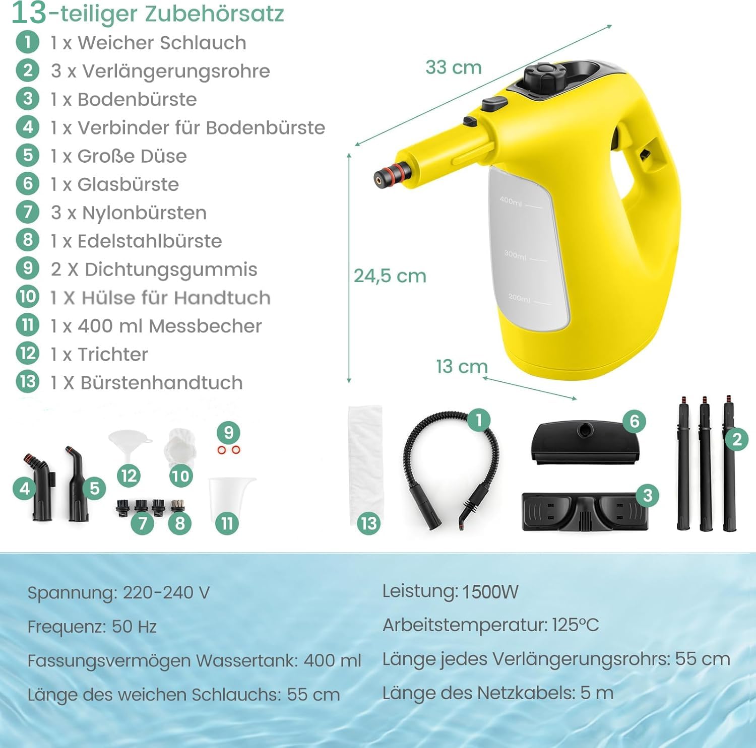 RELAX4LIFE Dampfreiniger Handgerät, Handdampfreiniger mit 13 Zubehör (Gelb)