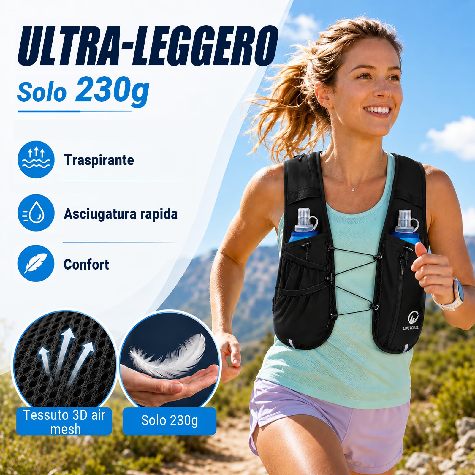Gilet Running Uomo Donna, Zaino Trail Running, Running Vest con 2X Borraccia Morbida 500ml y Luce LED Ricaricabile, Gilet Corsa Leggero per Ultrarunning Jogging Marathon Trekking Ciclismo
