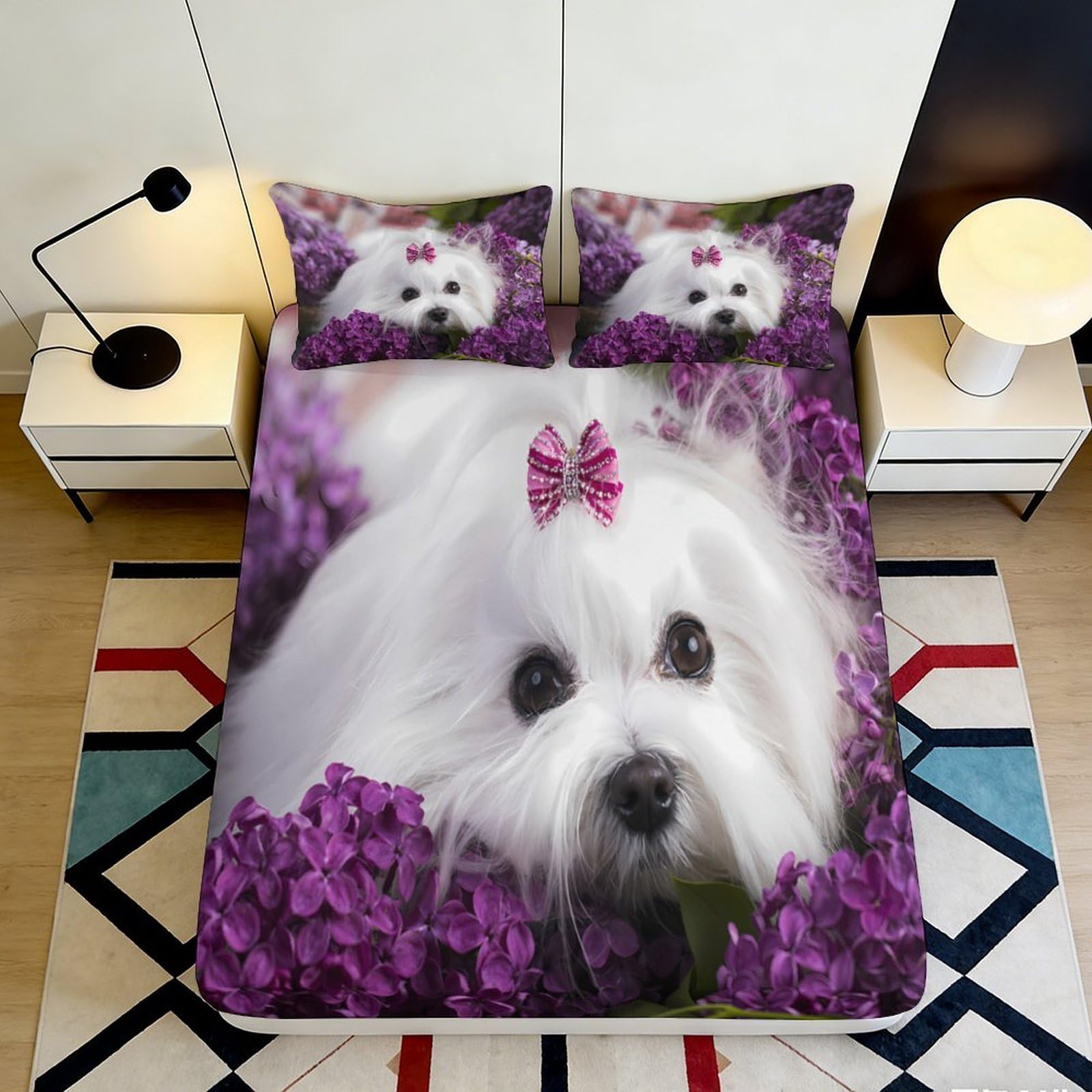 Pnayamiorkfel Style-2 3D Printed White Dog With Pink Bow Fitted Sheet Microfiber Purple Flowers Bed Cover For Bedroom Guestroom Decor 90X200x25cm