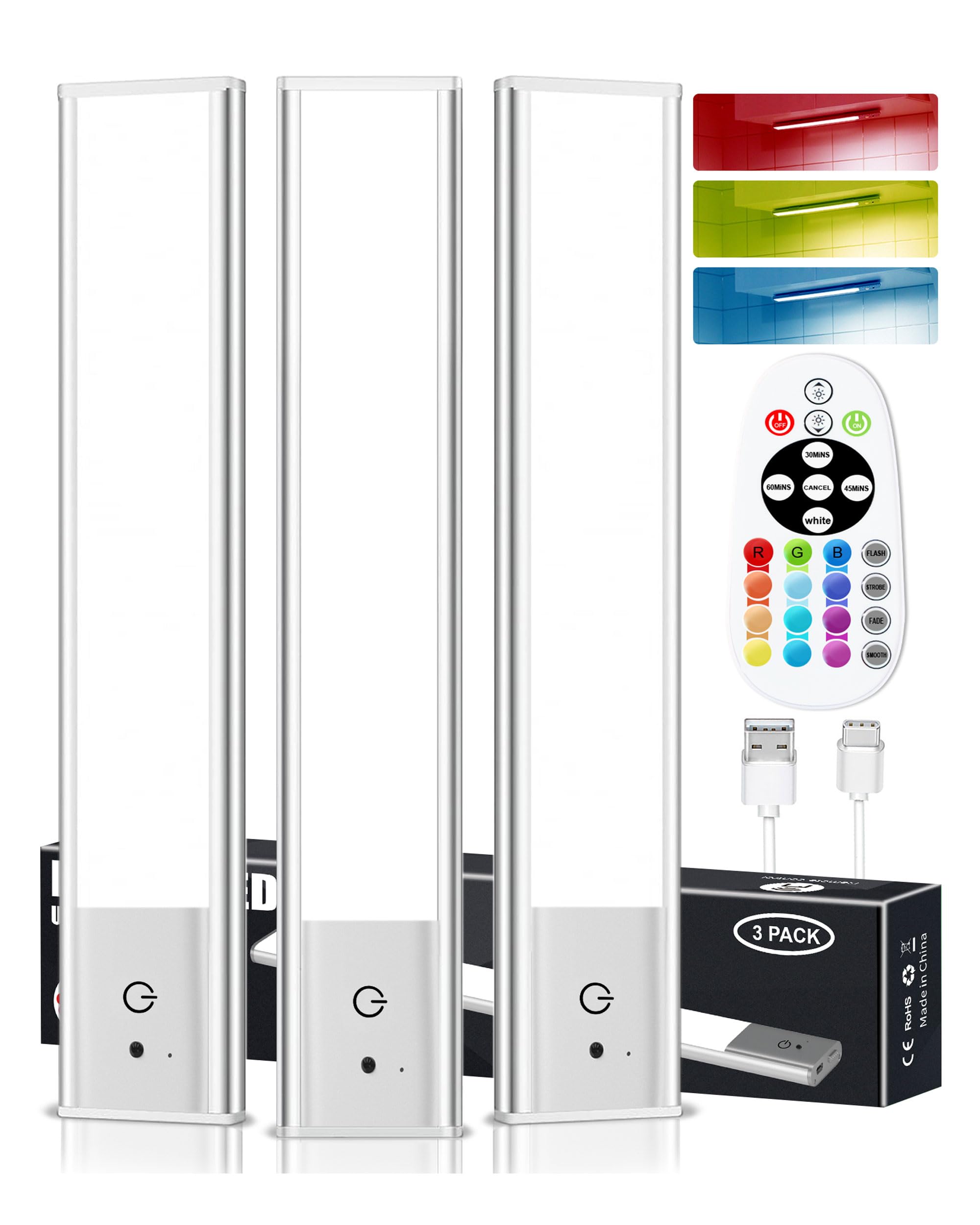 Kasanfe 79-LED Under Cabinet Lighting, RGB & 1500mAh Rechargeable Under Cabinet Lights, LED Closet Lights Remote, Under Counter Lights for Kitchen Pantry Bedroom, 15 Colors(3 Packs)