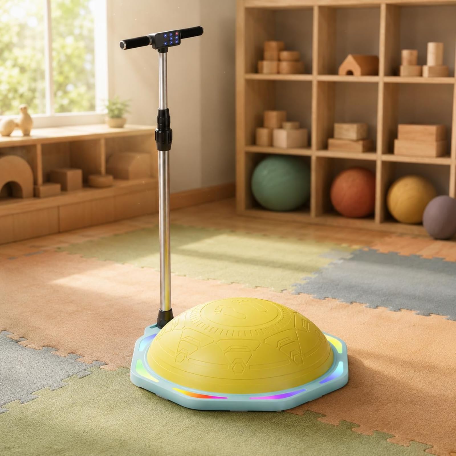 rockible Children Balance Ball Cúpula de Equilibrio Infantil de Balance para Niños Barra Extraíble con Agarre Superficie, Amarillo, con Reposabrazos, Bluetooth Y Luces De Colores