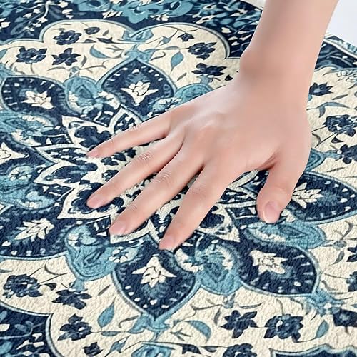 Miniatura 4 de Erosebridal Alfombras de baño vintage art decó, alfombras de baño de medallón oriental azul, 20 x 32 pulgadas, alfombras bohemias turcas para sala