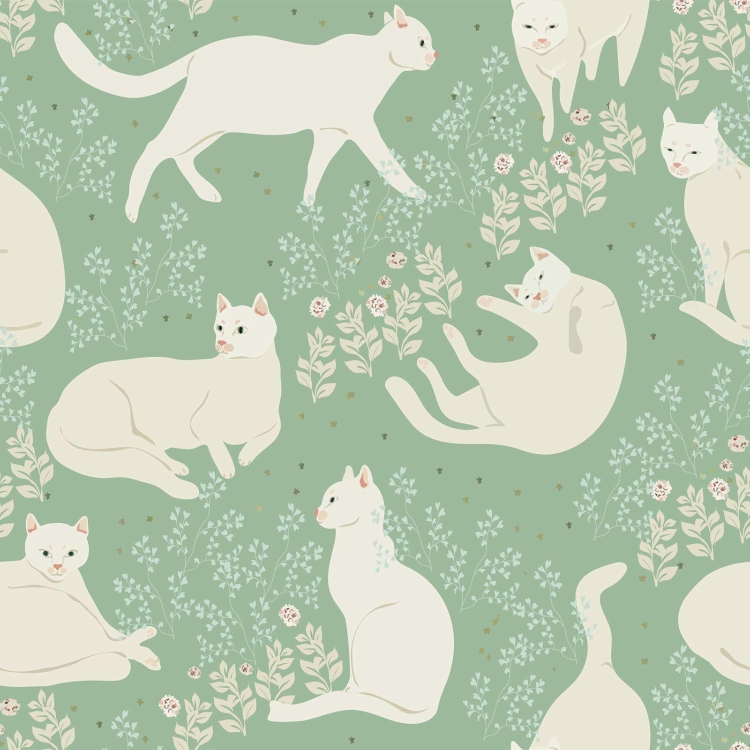 Cute Cat Animal Floral Wallpaper Self Adhesive Peel and Stick Cartoon Green Watercolor Spring Leaf Contact Paper Removable Waterproof for Bedroom Renter Friendly 17.71"x236.2"