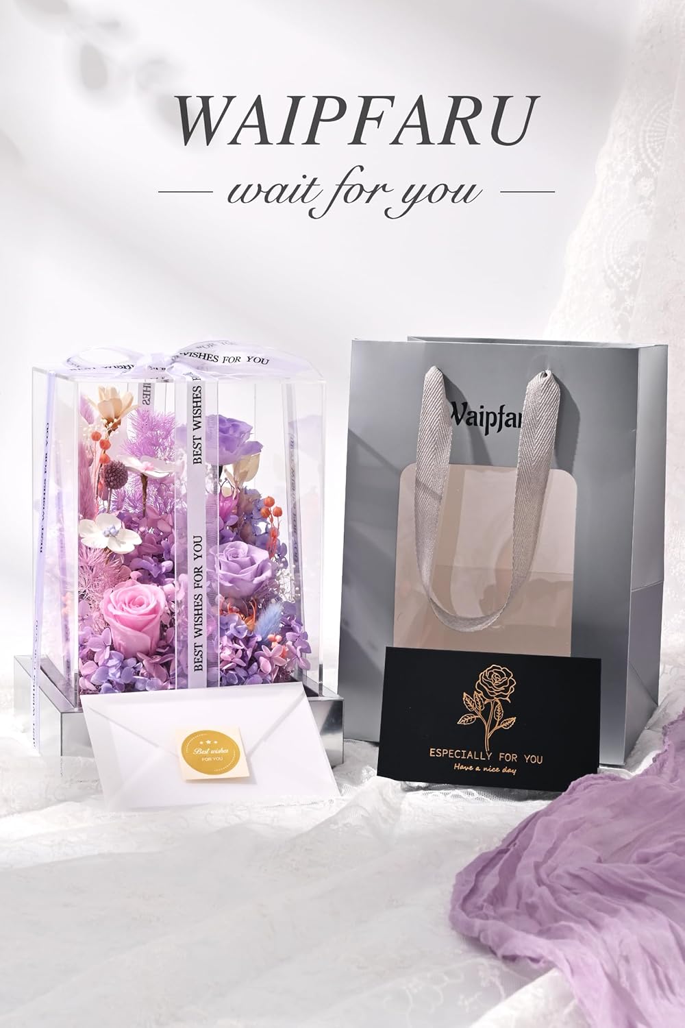 Waipfaru Valentines Day Gifts for Her, Preserved Roses in A Glass Dome Box, Forever Eternal Flowers in Acrylic Display Case, Galentines Day Gifts for Women Mom Grandma Mother in Law (Purple)