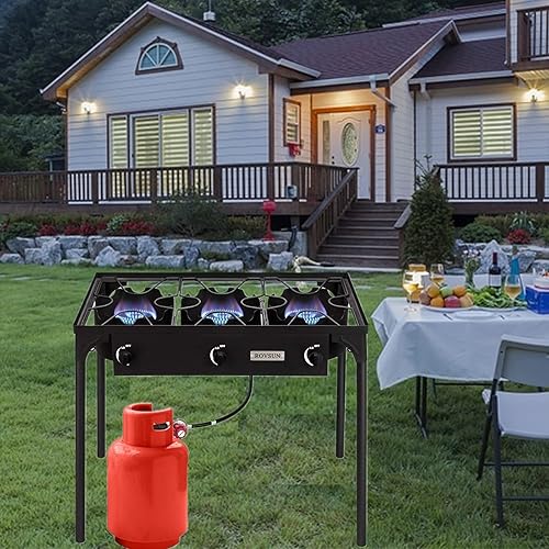 Vista 14 de ROVSUN Estufa de gas propano al aire libre de 2/3 quemadores, cocina de alta presión para cocinar en el patio trasero, camping, hogar, enlatado