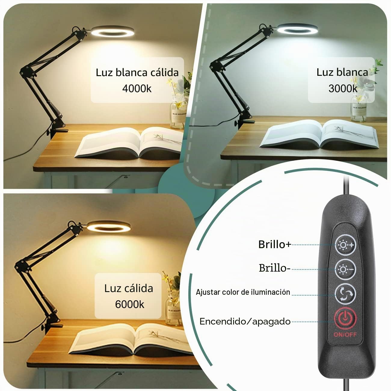 Lupa con Luz Led para Manualidades, 10x Lupas de Gran Aumento con Ajuste de 3Color & Brillo, Lampara con Pinza Metálico & Brazo Ajustable, Lampara Lupa Led con Luz para Costura & Reparación