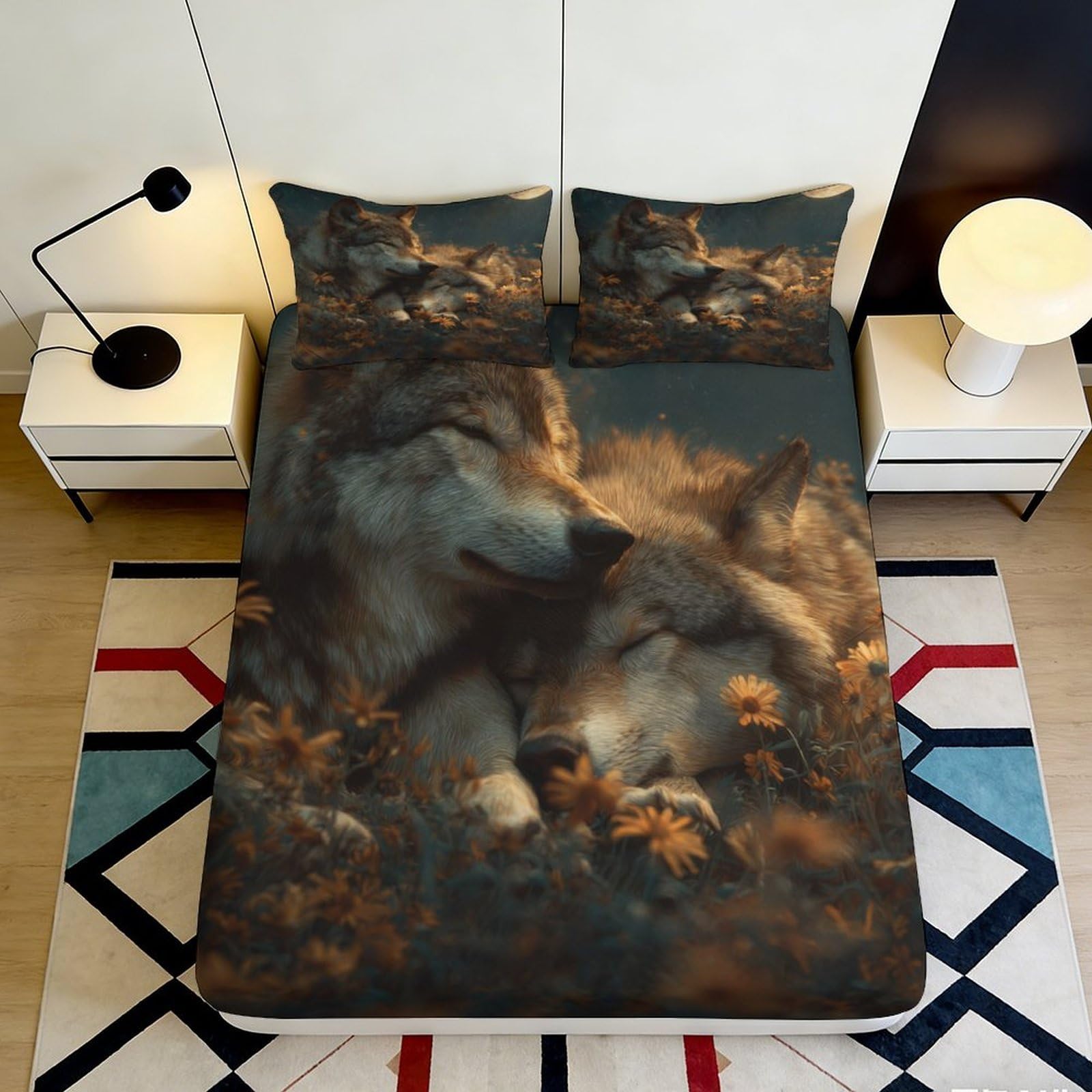 3D Printed Wolf Design Fitted Sheet Microfiber Soft Durable Forest Flowers Bed Cover for Bedroom Dormitory Guest Room Mattress Protection 180x200x25cm