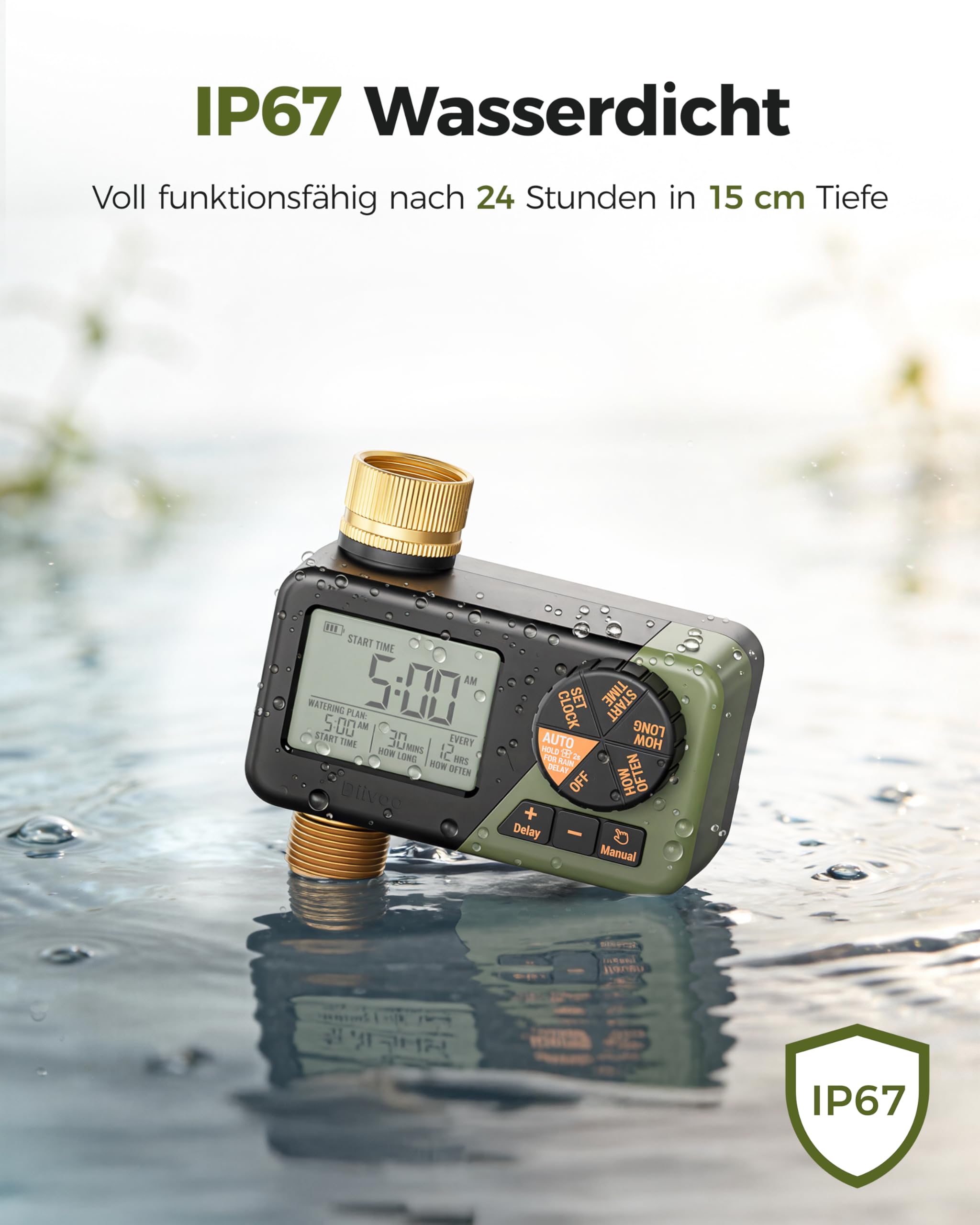Diivoo IP66 Bewässerungscomputer mit Messinganschlüssen, Großem LCD-Display, Bewässerungsuhr mit Regenverzögerung, Automatische & Manuelle Bewässerung, Programmierbarer Zeitschalter für Garten, Rasen