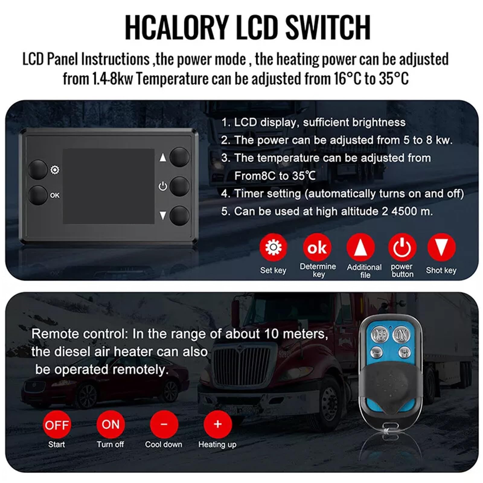 12 V, 8 kW, wielofunkcyjny, nocny grzejnik na olej napędowy z pilotem i monitorem LCD do kamperów, ciężarówek, autobusów, łodzi, samochodów turystycznych, przyczep kempingowych i kamperów (czerwony,