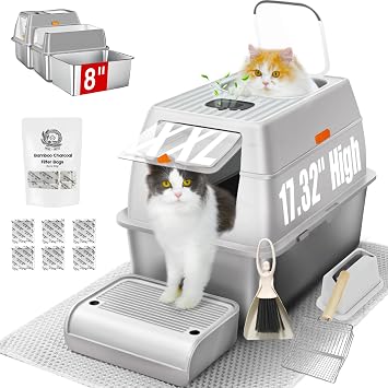 Fully Enclosed XXL Stainlessss Steel Litter Box with Lid, 8 Deep Pan, Large Stainless Steel Cat Litter Box for Big Cat with Scoop, Step Board, Mat, Brush, Odor-Free, Anti-Leak, Non-Stick (Light Gray)