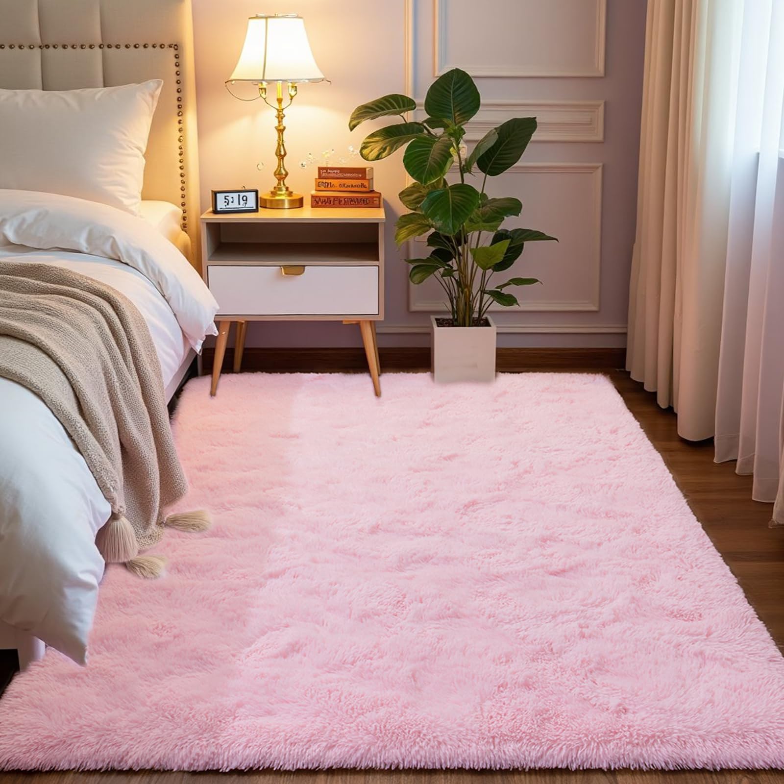 Softlife Light Pink Area Rug for Bedroom, Fluffy Shag Plush Rugs for Living Room Girls, Shaggy Throw Soft Fuzzy Small Kids Carpet for Dorm Bedside