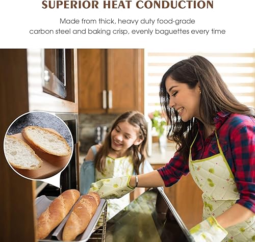 Miniatura 6 de Sartén para baguette, sartenes francesas para hornear, antiadherentes 3 ranuras perforadas italianas para pan, molde de pan francés largo, dorado
