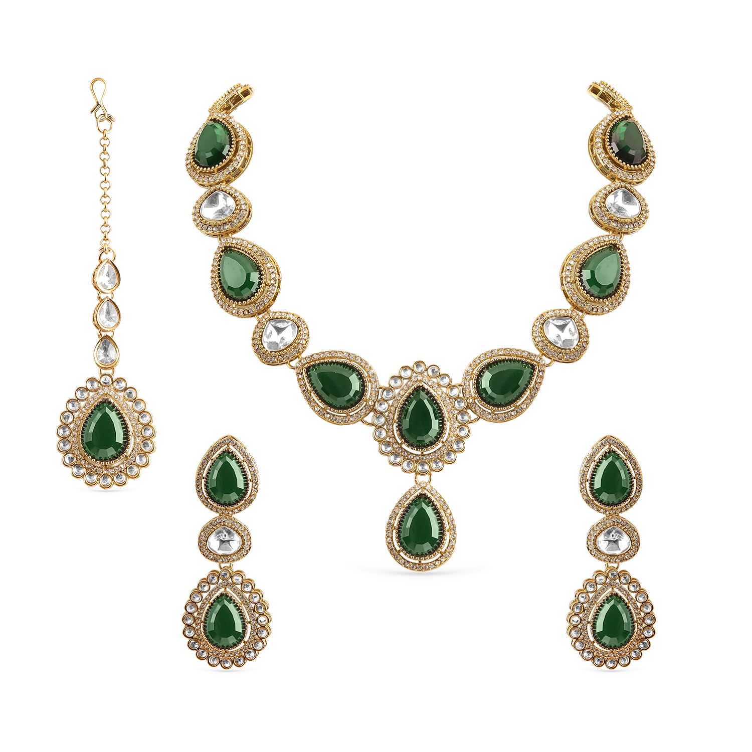 Emerald Green Kundan Necklace Set Cubic Zirconia Statement Wedding Jewellery Gift for Women & Girls-image-36