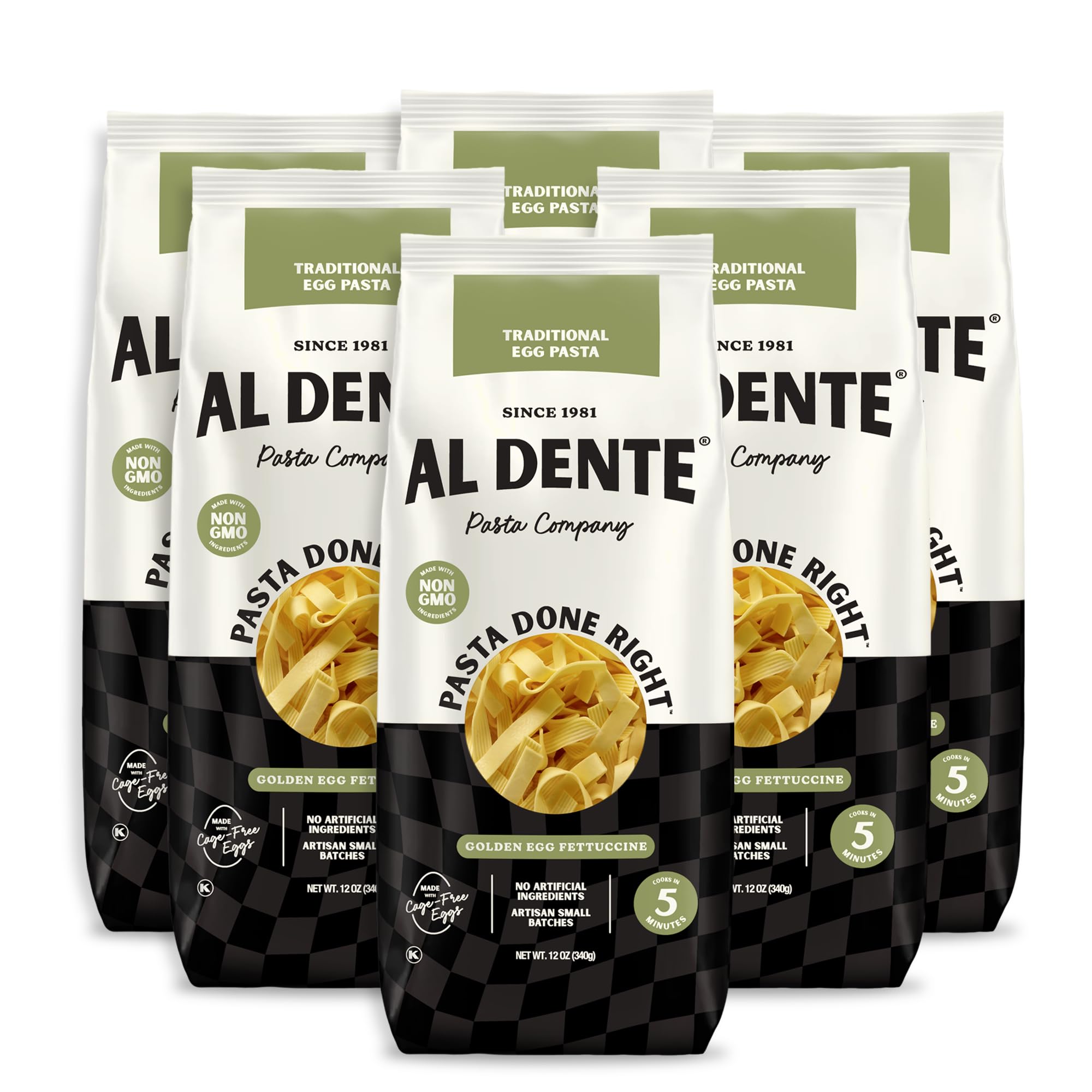 Al Dente Golden Egg Fettuccine – All-Natural, Hand-Crafted Egg Pasta. Delicious and Versatile - Classic Pasta Noodles Made with Cage-Free Eggs and Semolina. 12oz Bags (Pack of 6)