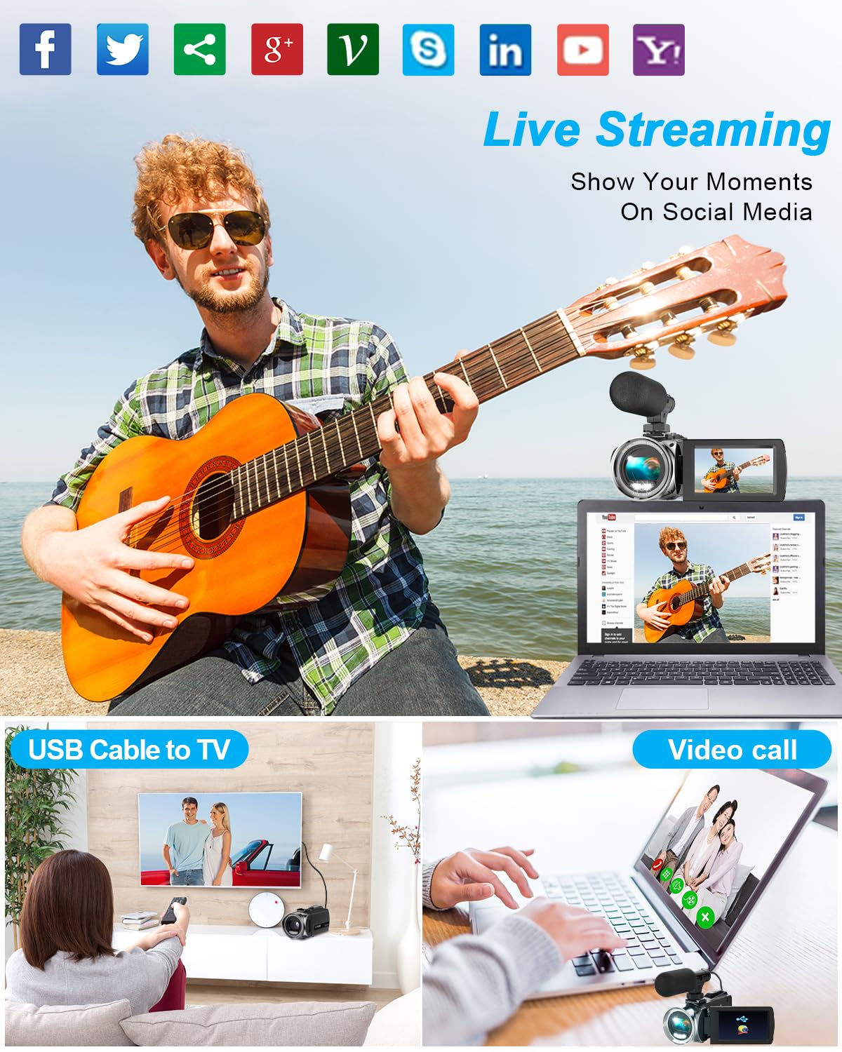 Videocamera FHD 2.7K 36MP Vlogging Camera per YouTube Videoregistratore 3 pollici 270 gradi di rotazione dello schermo Videocamere per le riprese con microfono, scheda SD da 32 GB e 2 batterie