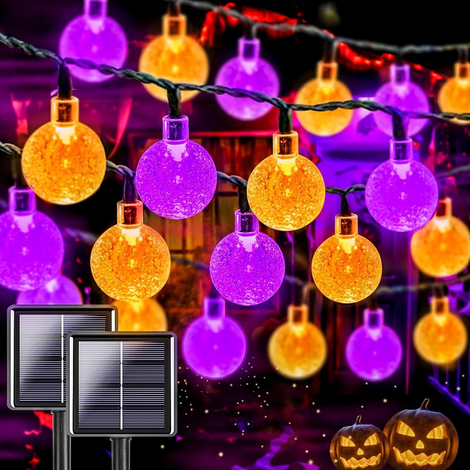 Hiseng Catena Luminosa Esterna Solare, Luci Solari Esterno da Giardino a Bolle, Lampade Solari Impermeabili per Campeggio, Terrazzo, Balcone (Arancione Viola,32M)