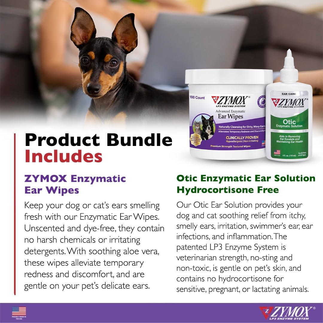 PET KING BRANDS ZYMOX Enzymatic Ear Wipes and Otic Solution Hydrocortisone Free for Dogs & Cats - Product Bundle - for Dirty, Waxy, Smelly Ears & to Soothe Infections, 100 Count Wipes & 4oz Bottle