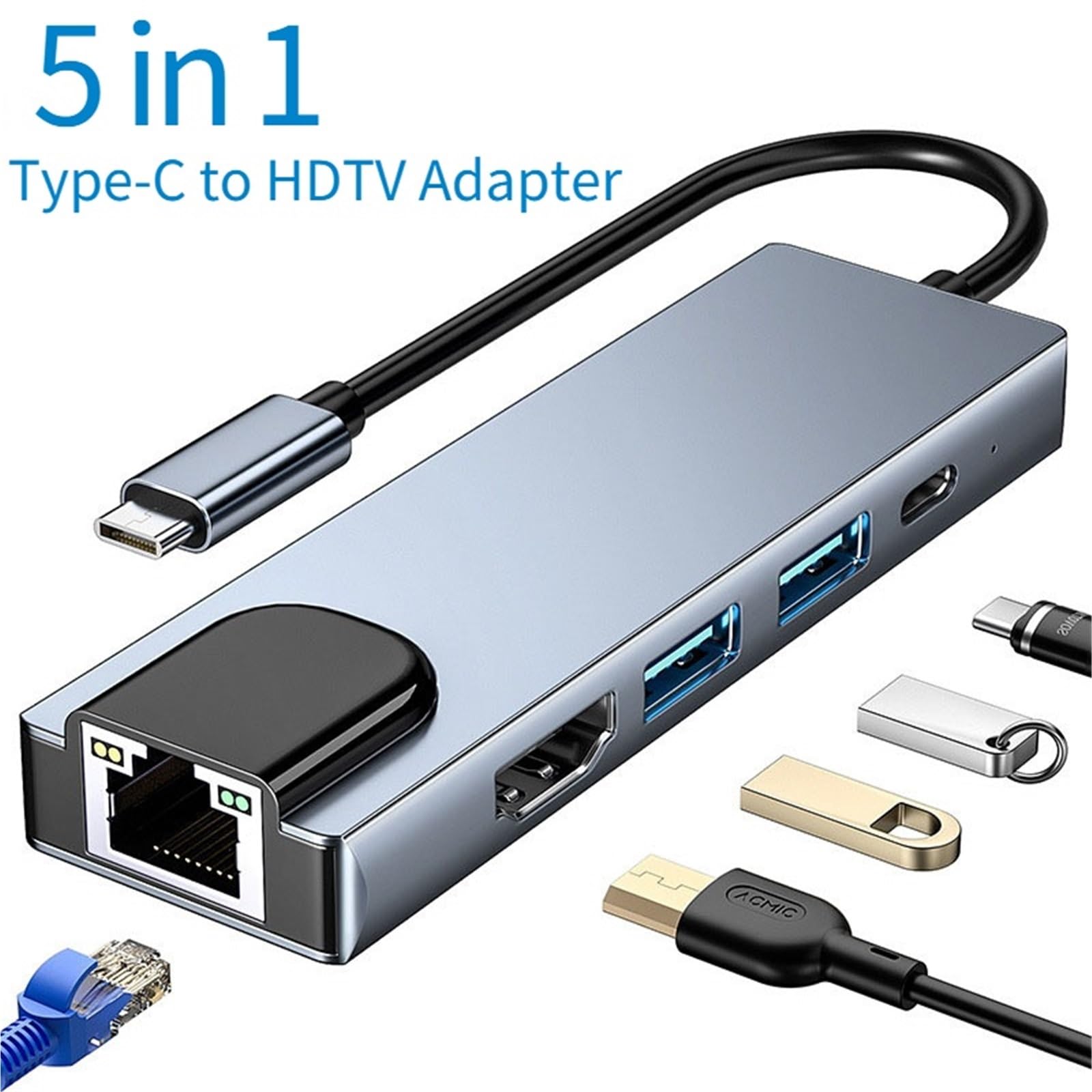 Stacja dokująca USB C 5/8 portów typu C na HDMI 4K/RJ45, rozdzielacz USB3.0 5 Gbps, szybki adapter USB C HUB do laptopa (8-w-1)